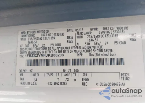 2018 Ford Transit-350 Xlt z USA, uszkodzony, nr VIN 1FBZX2YM4JKB06208